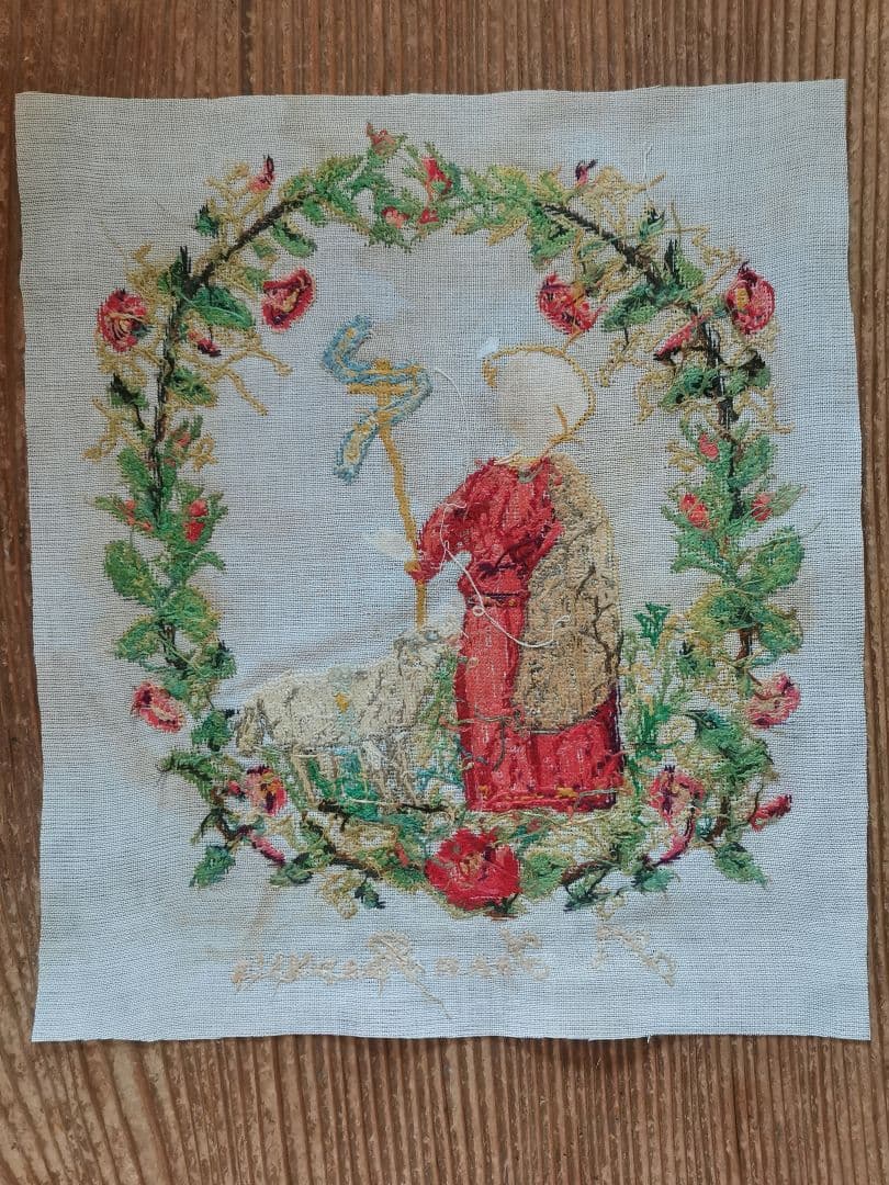 アンティーク 洗礼者聖ヨハネと羊プチポワン 薔薇朝顔菫ニードル