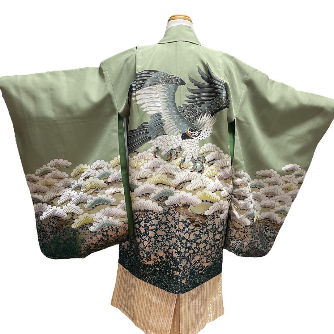 七五三 5歳 男の子 男児 着物 羽織 袴 フルセット 緑 鷹