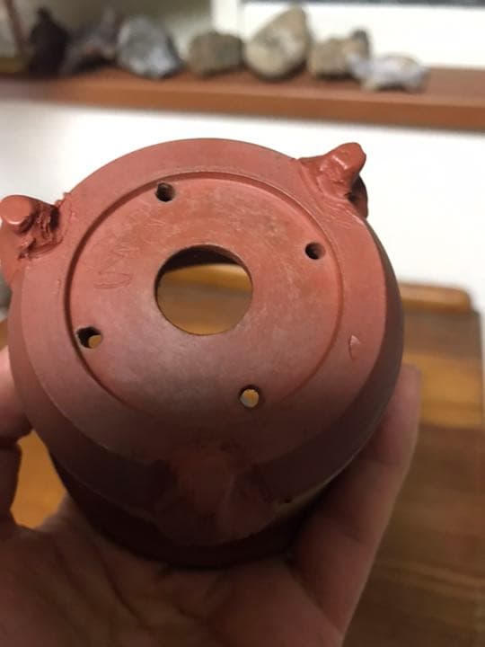 盆栽鉢　時代ミニ盆栽鉢常滑名工泥珠3つ足釘彫山水画朱泥ミニ盆栽鉢