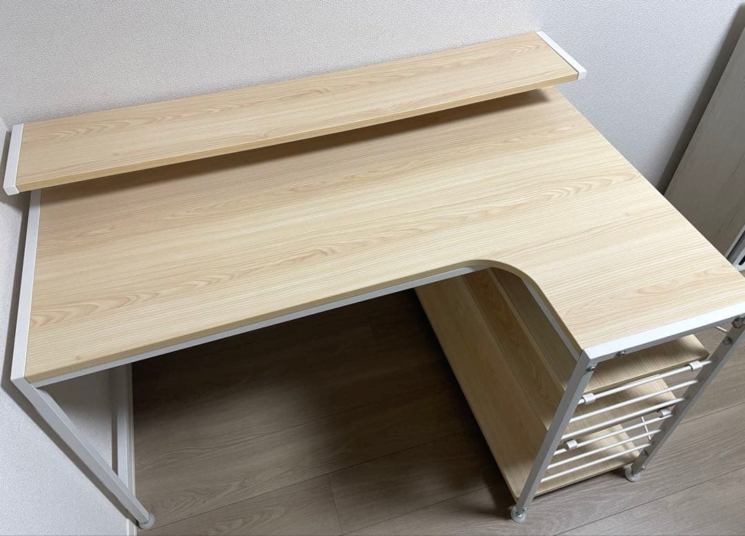 【美品】L字型パソコンデスク ディスプレイ棚付き ナチュラルカラー