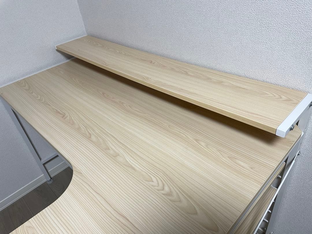 【美品】L字型パソコンデスク ディスプレイ棚付き ナチュラルカラー