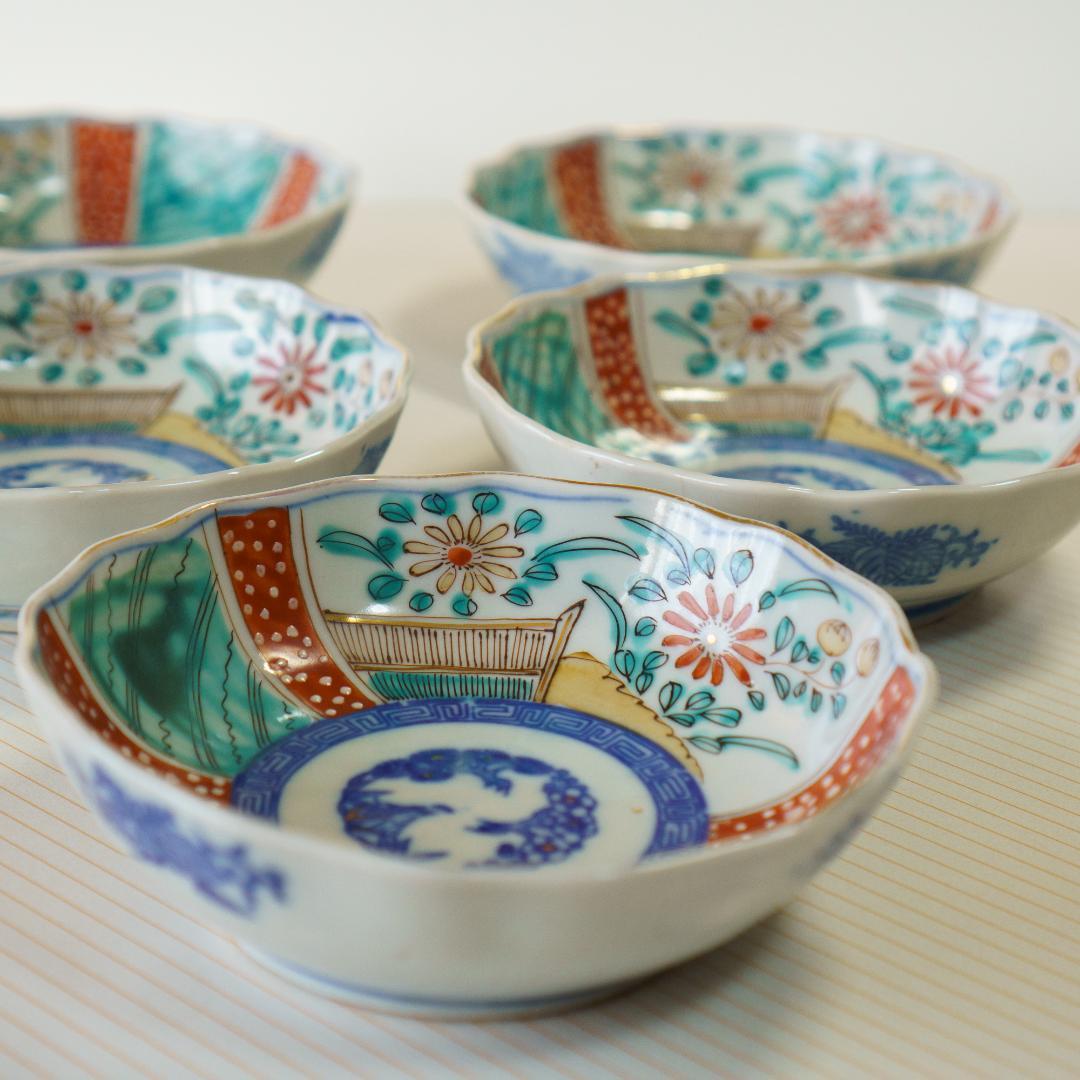 古伊万里 錦手 金彩色絵 膾皿 なます皿 5客