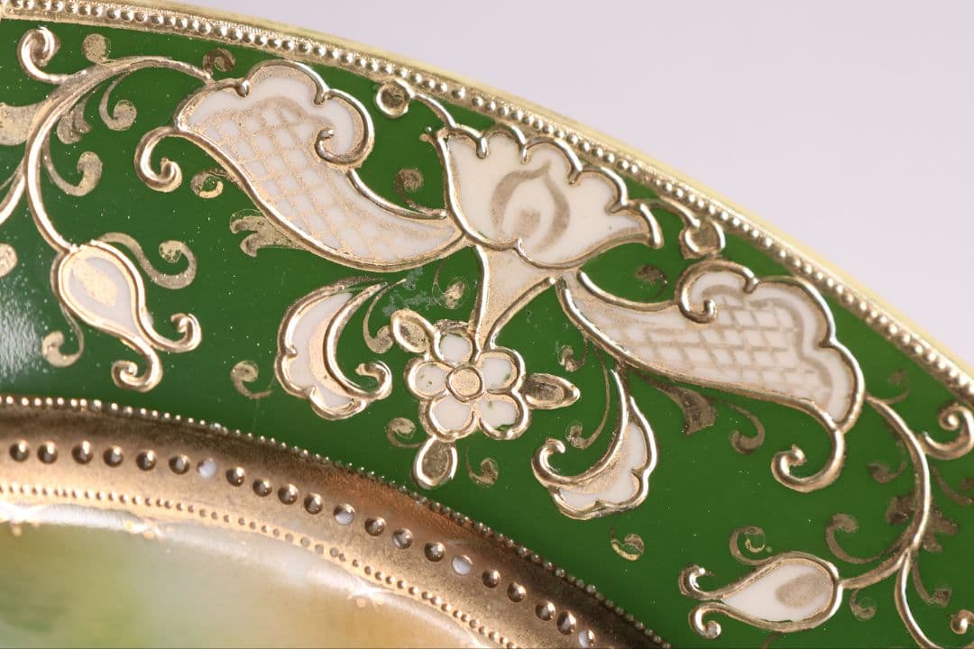 CM298】オールドノリタケ 鹿 皿 プレート 金彩 盛上 緑 グリーン 明治