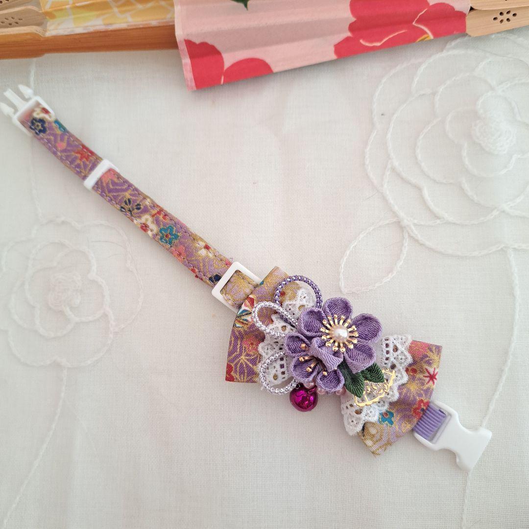 お正月、つまみ細工リボン(青③)わんちゃん猫ちゃん用首輪 つまみ細工