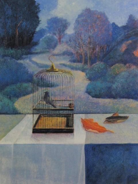 永井金四郎、【鳥籠のある風景】、希少な額装用画集より、新品額装付