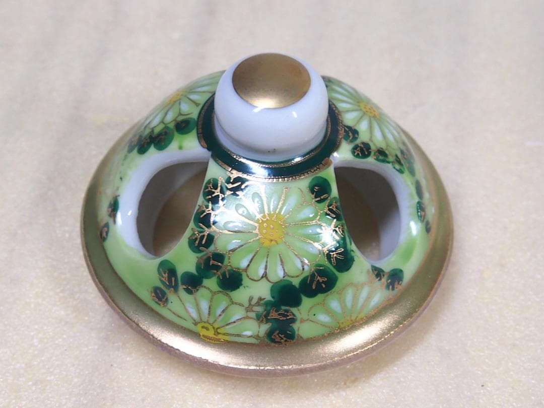 未使用】九谷焼 九谷陶宝造 香炉 菊文 菊詰/花詰 グリーン緑 茶道具/香