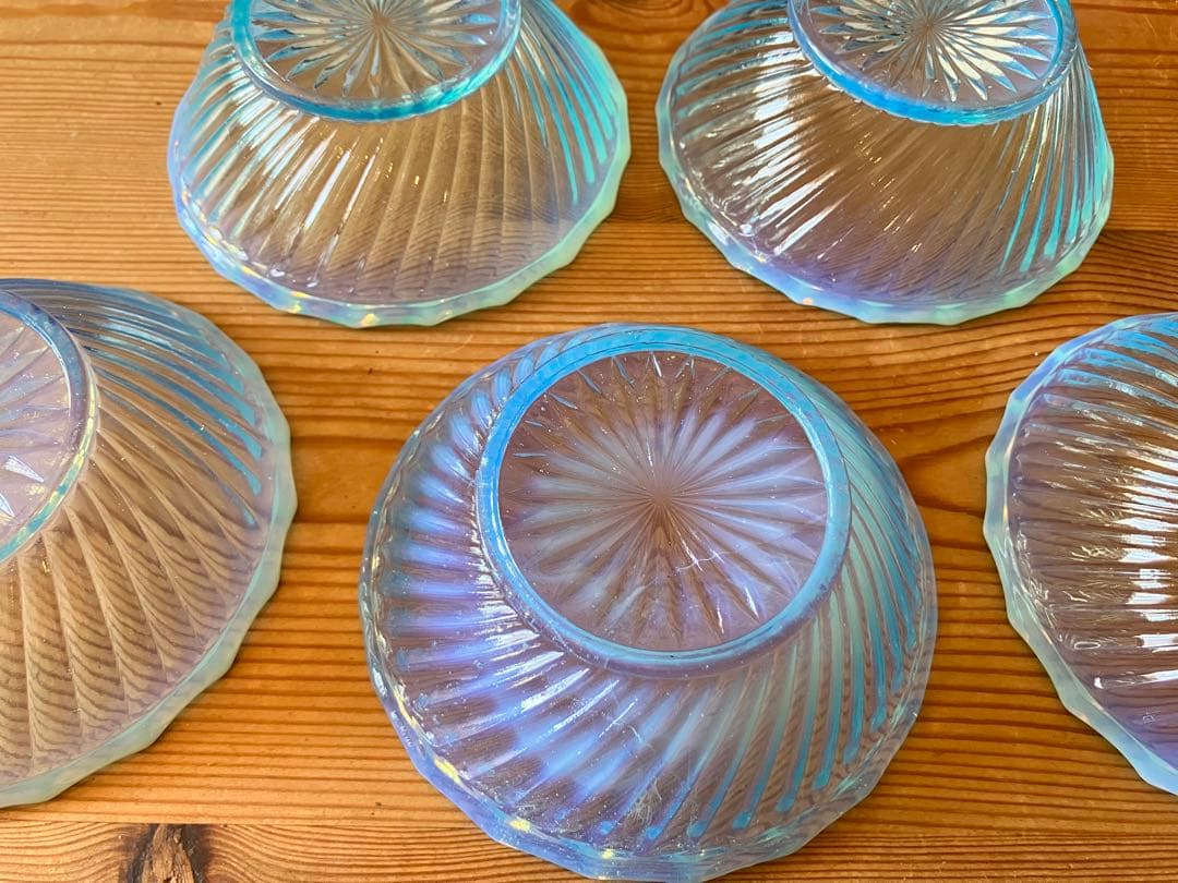 ウランプレスガラス 乳白×水色 氷コップ、小鉢×5 アンティーク