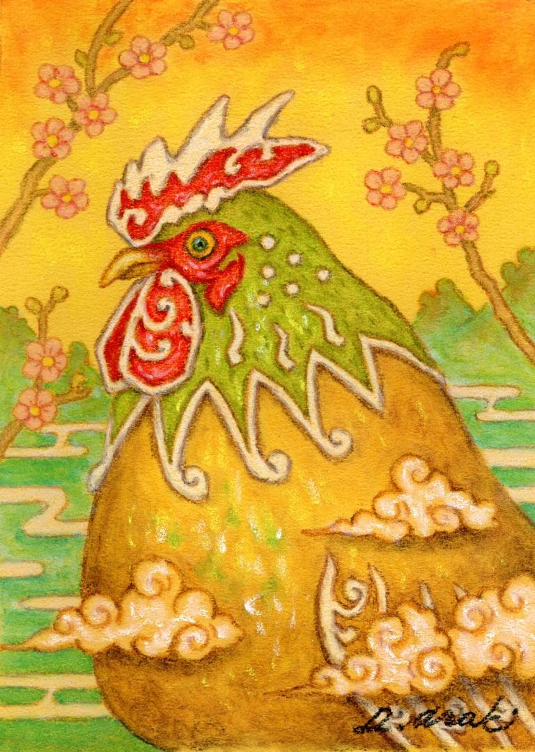 【原画】『ンホニの鶏』（ニワトリ、パステル画）