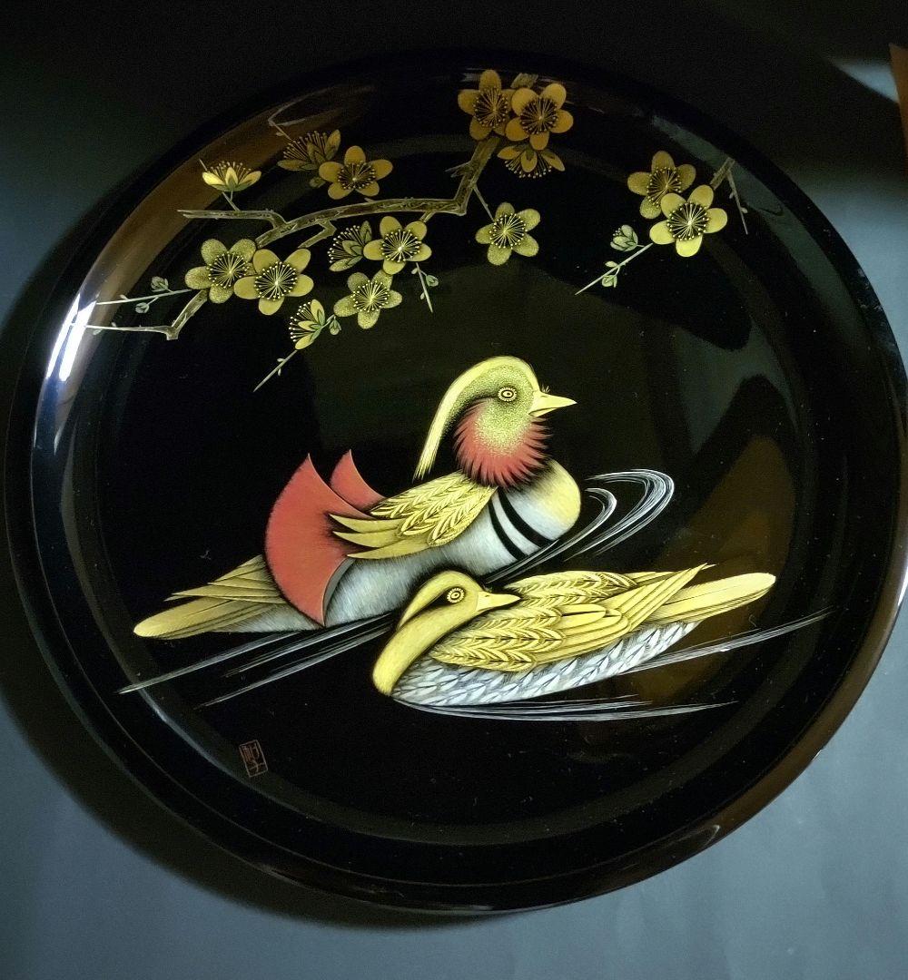 輪島塗 輪島漆器 谷内和子作 丸盆 おしどり 梅 沈金 金箔
