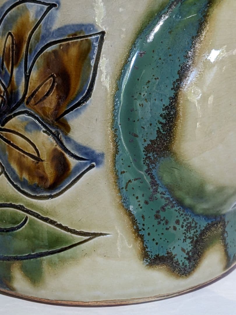 ♢民藝 琉球焼 緑釉流し掛け 箆彫り 草花文 水注 ポット