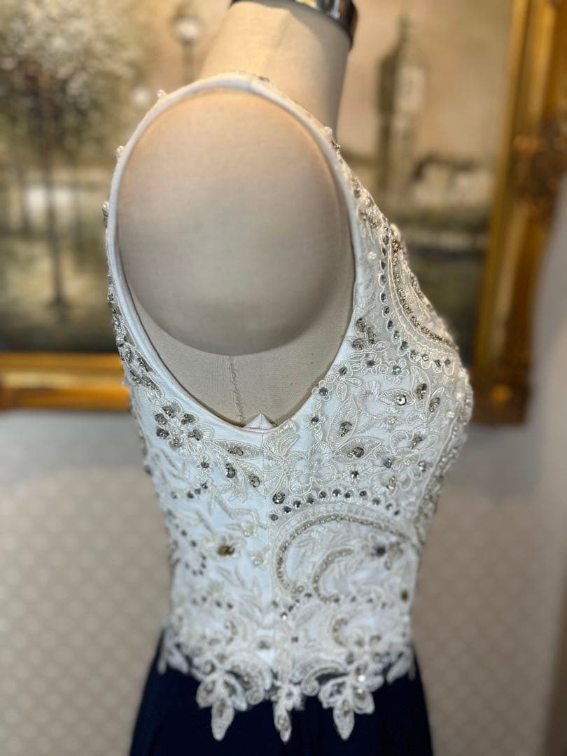 ネイビー ビーズ刺繍Aラインロングドレス