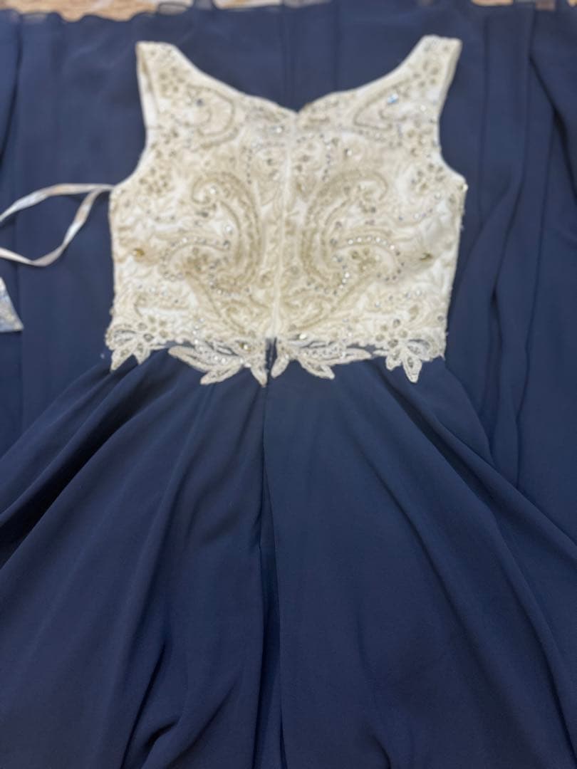 ネイビー ビーズ刺繍Aラインロングドレス