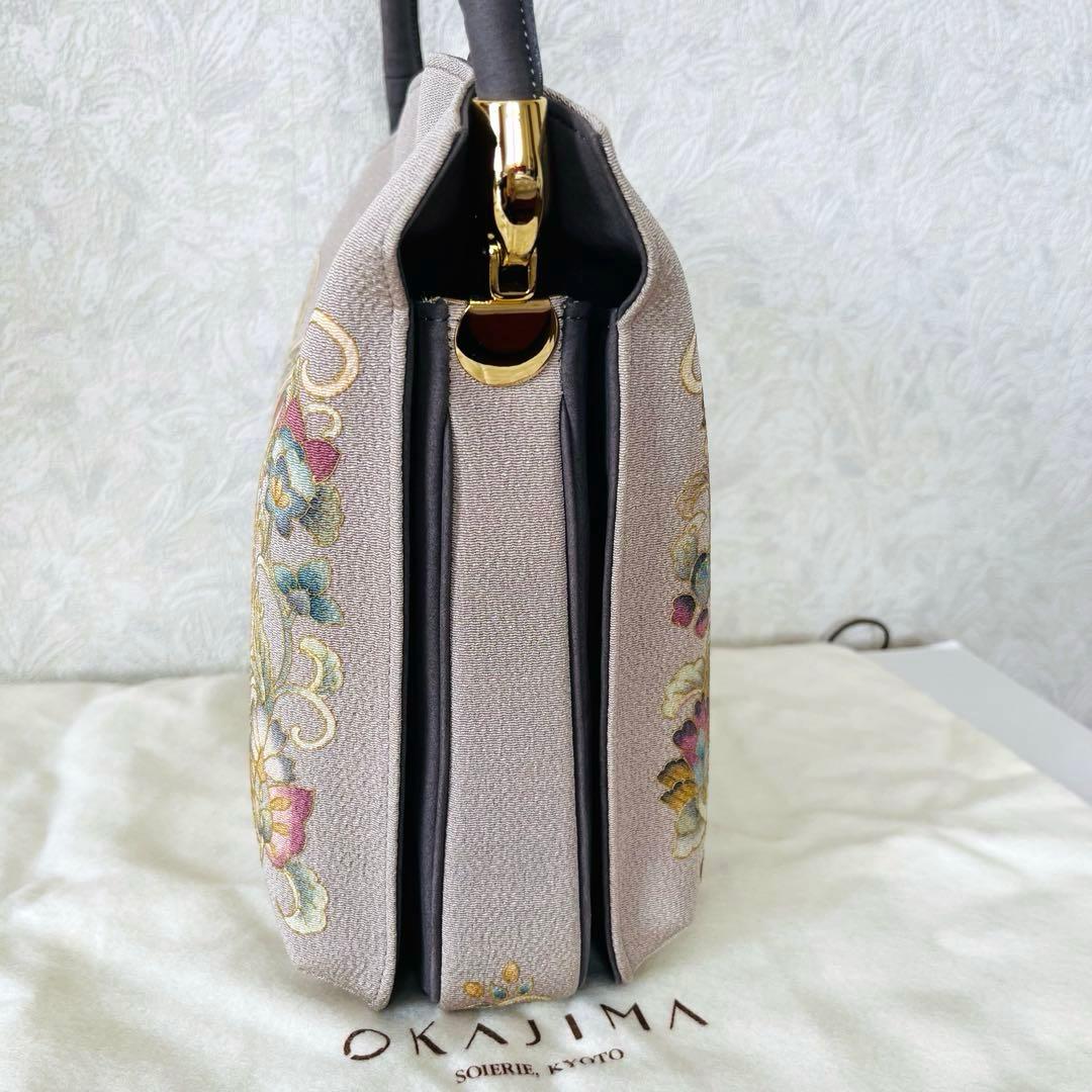 【極美品】オカジマ　皇室御用達　和装バッグ　絹100% 保存袋　利休　花柄　刺繍