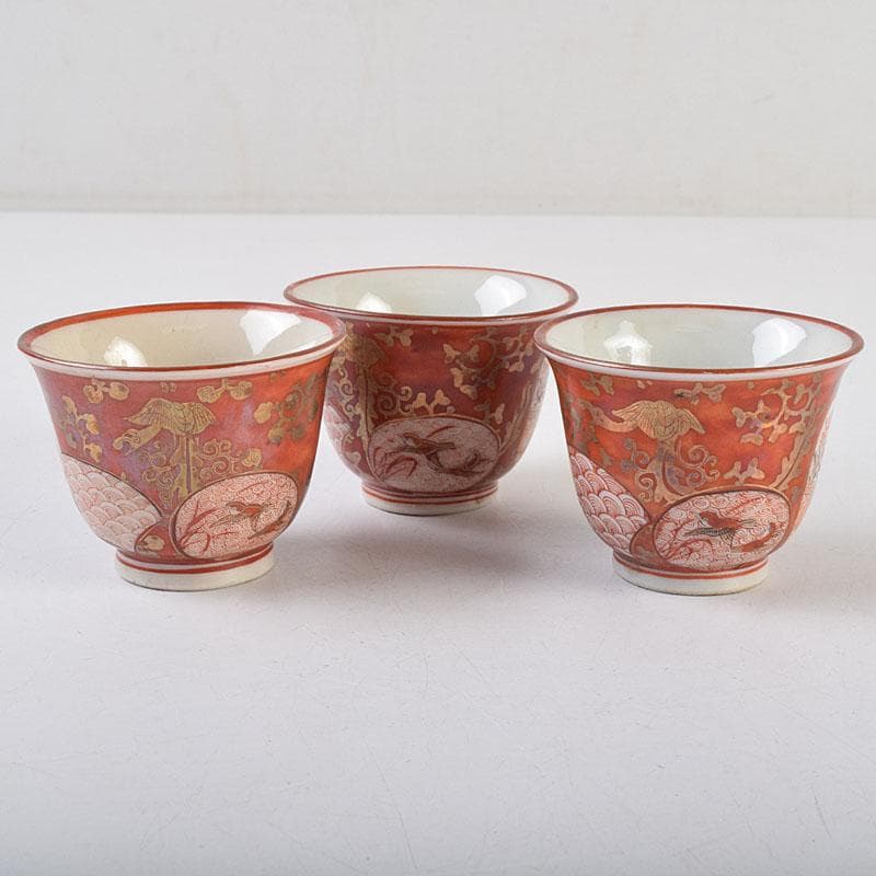 九谷焼 古九谷 赤絵金彩 煎茶碗 3種十四客まとめて 時代箱付 D R9502