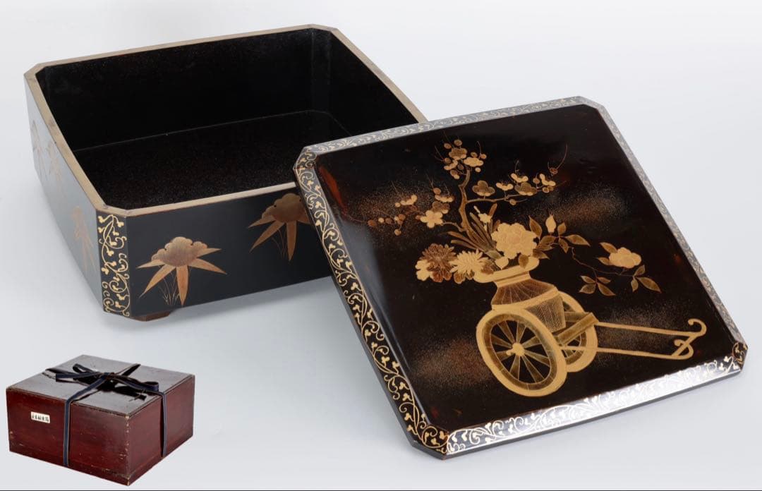 時代漆器 黒漆金蒔絵 花車文 ー段重箱 共箱付 菓子器 御節料理 古美術 骨董品 時代漆器 黒漆金蒔絵 花車文 ー段重箱 共箱付 菓子器 御節料理 古美術