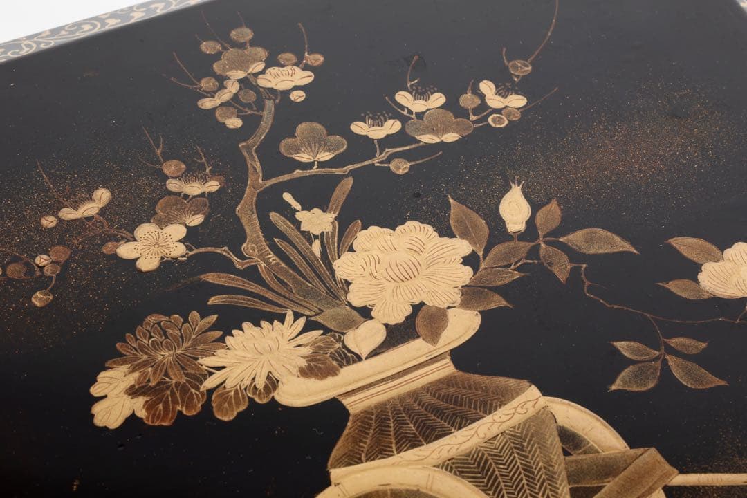 時代漆器 黒漆金蒔絵 花車文 ー段重箱 共箱付 菓子器