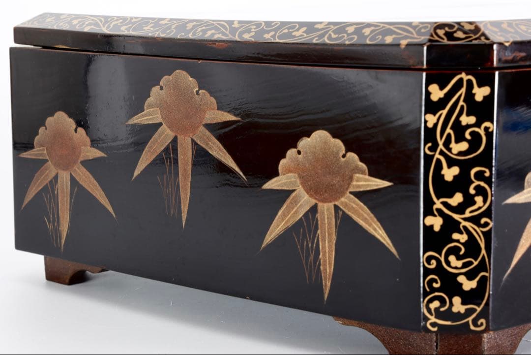 時代漆器 黒漆金蒔絵 花車文 ー段重箱 共箱付 菓子器 御節料理 古美術 骨董品