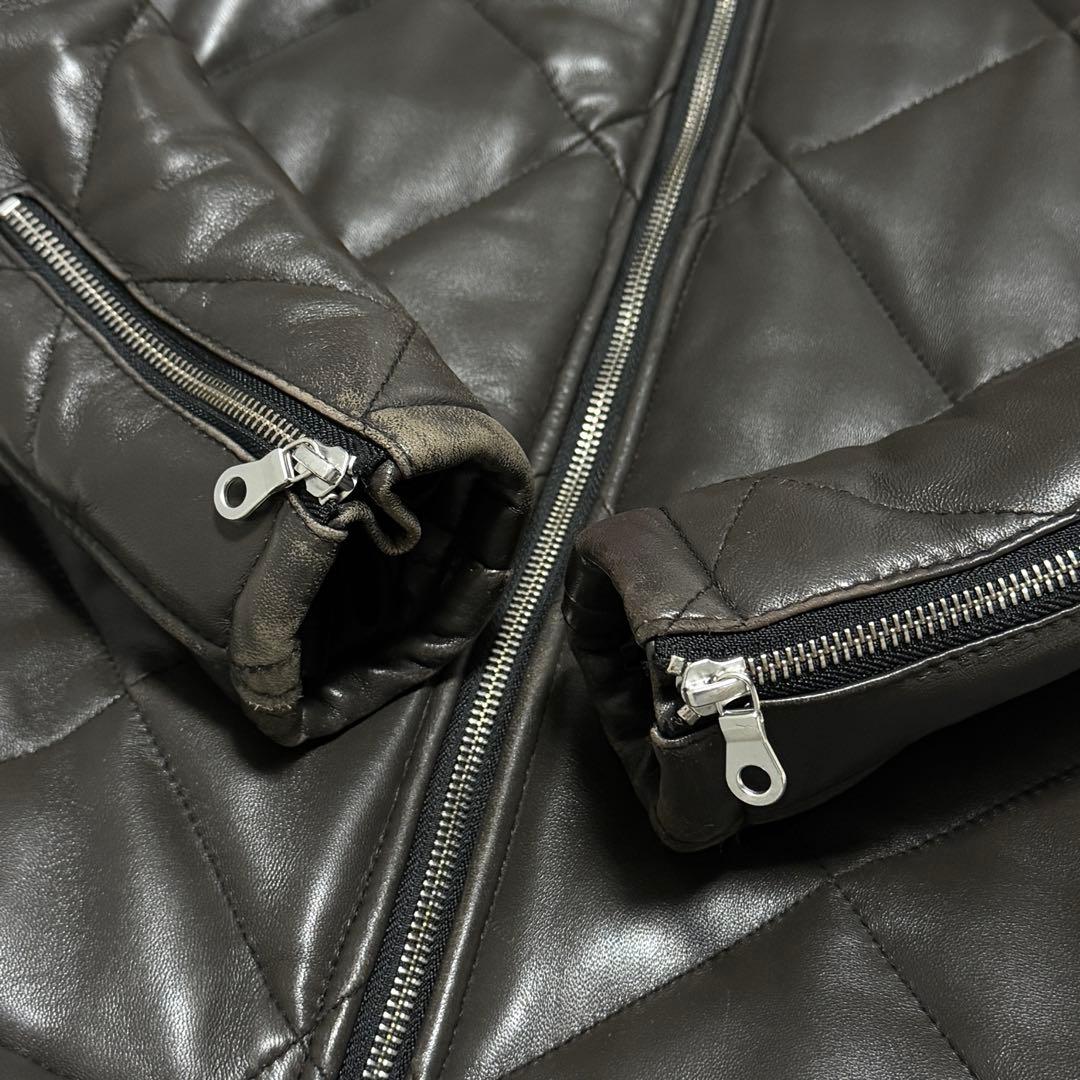 良品】NO ID. ラムレザージャケット 羊革 キルティング フード