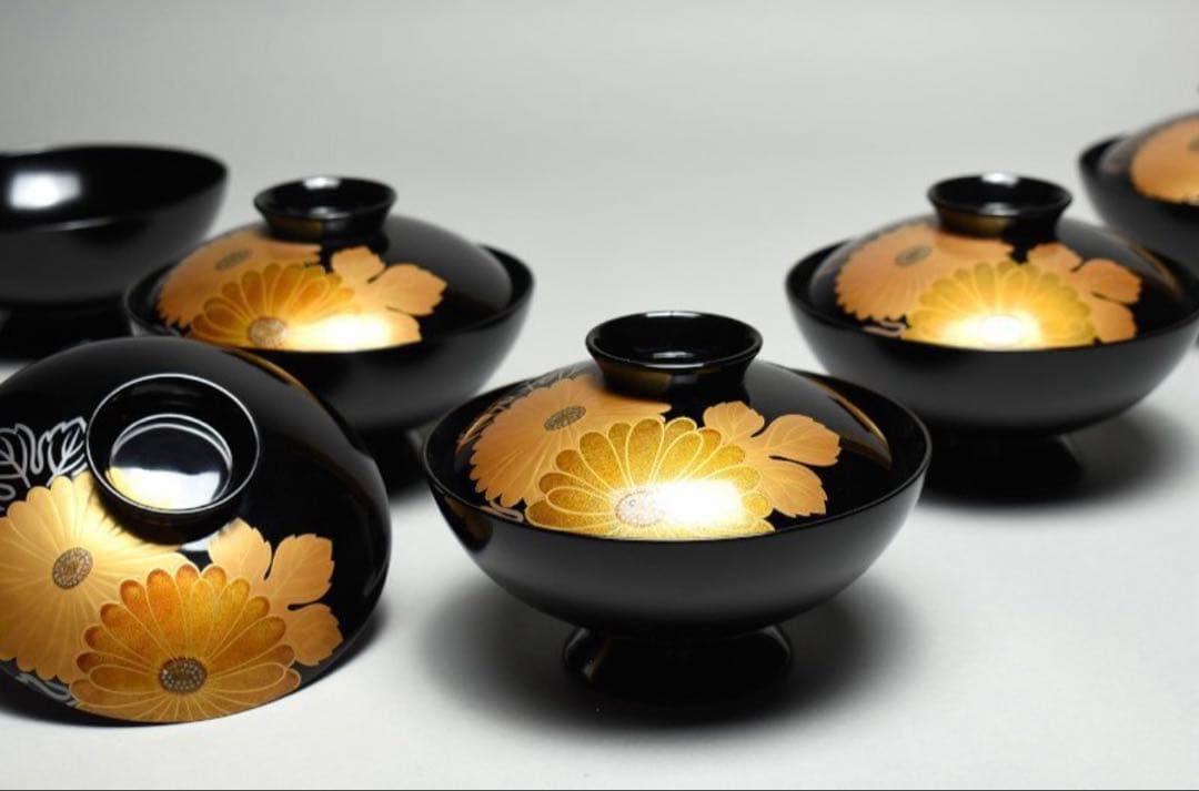 輪島塗　蒔絵菊花図　五客