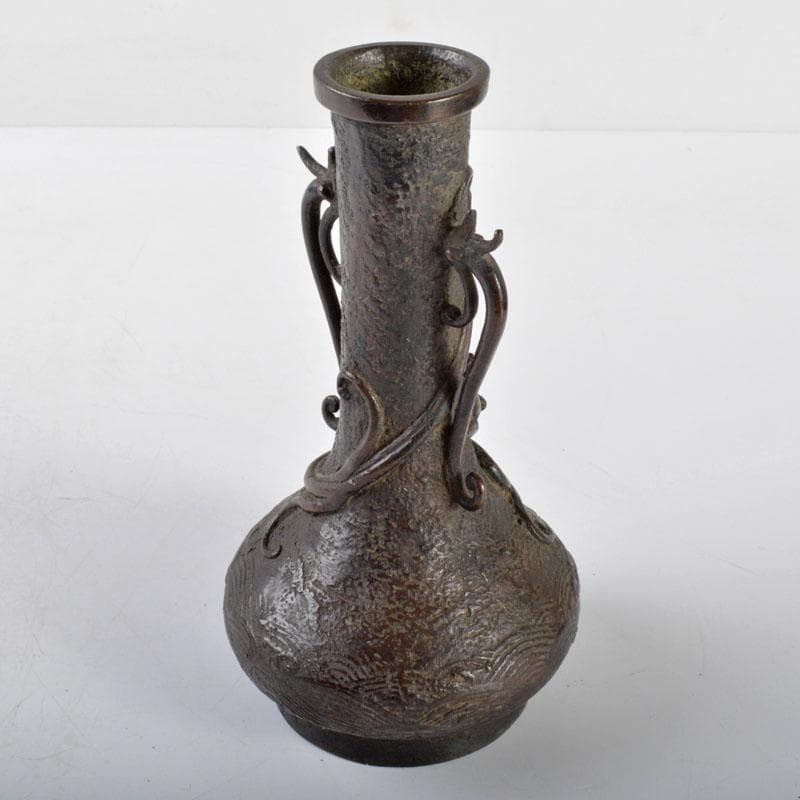 中国　古銅宣徳銅　龍波文　双耳瓶　D　R4706