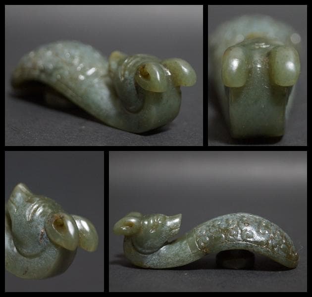 古代 和田玉(ホータン)細工彫り 龍首帯勾 根付 緒締玉 提げ物 装飾品
