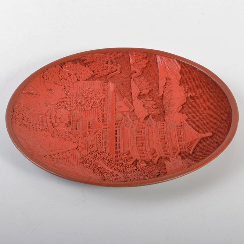 中国　剔紅　堆朱　山水楼閣文盤　飾皿　U　R6720