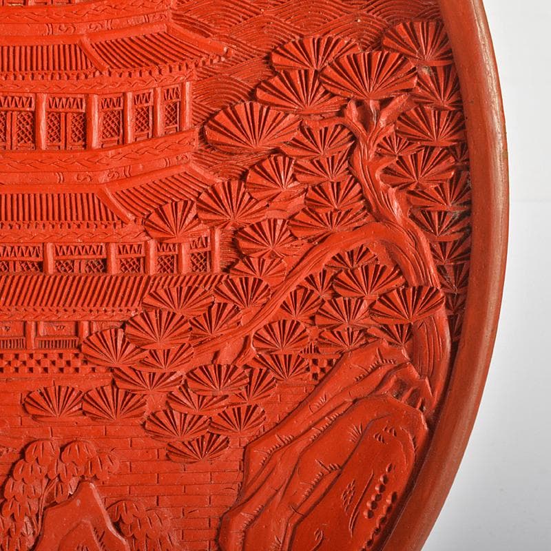 中国　剔紅　堆朱　山水楼閣文盤　飾皿　U　R6720