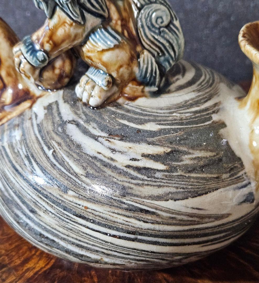 【上作品❗】沖縄の焼物　琉球壺屋焼　作家物　シーサー飾り　練込文　カラカラ　徳利