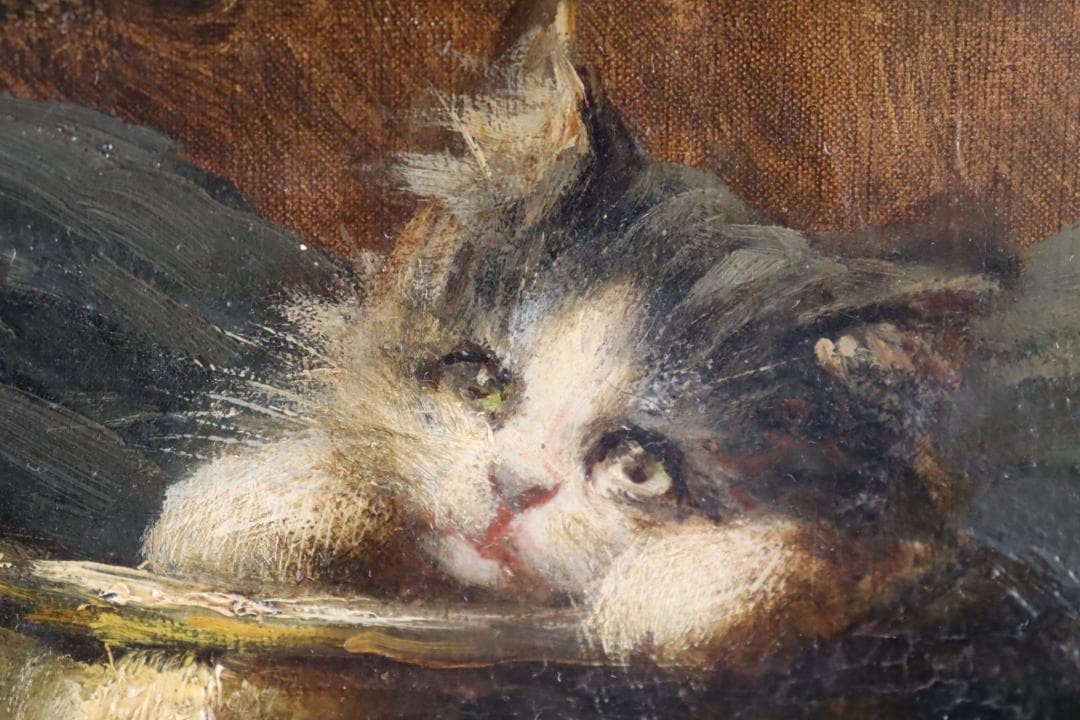 真作保証 19世紀 古画 「3匹の猫」 油彩4号 希少な動物画