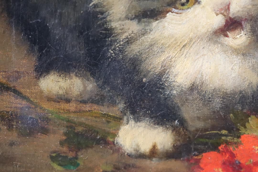 真作保証 19世紀 古画 「3匹の猫」 油彩4号 希少な動物画