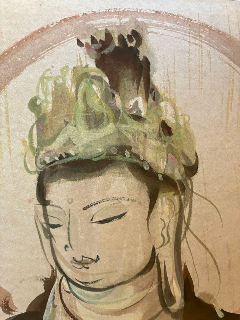 水彩画　色紙　額入り　葛西四雄　青森県　観音様　観音像