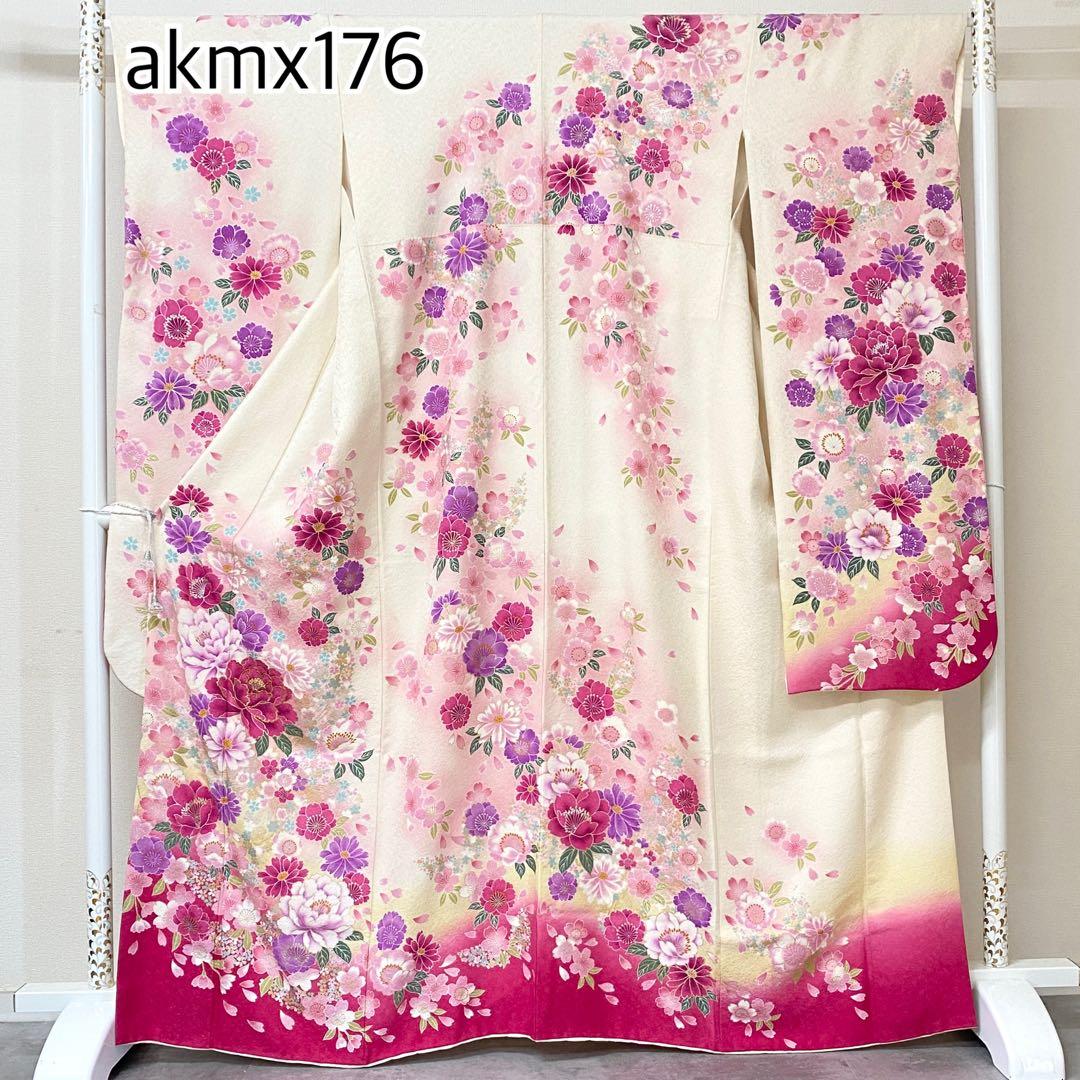 akmx176 正絹 振袖 白 パールトーン加工 9号 花柄 - メルカリ