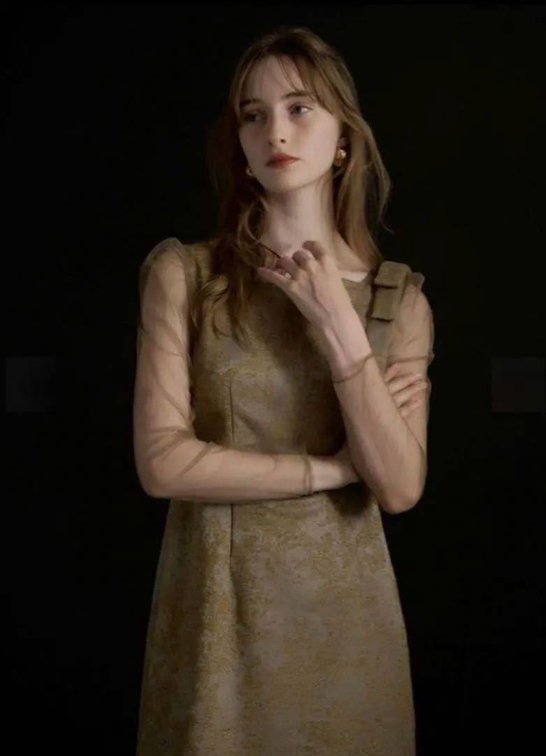 Shoulder ribbon jacquard dress/LE'RURE