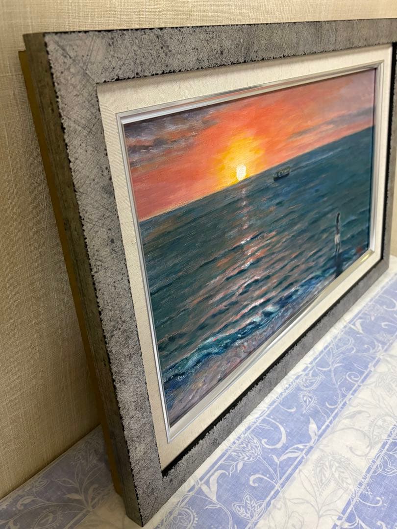 油彩原画 夕日の海・ハワイ M8号 額装品