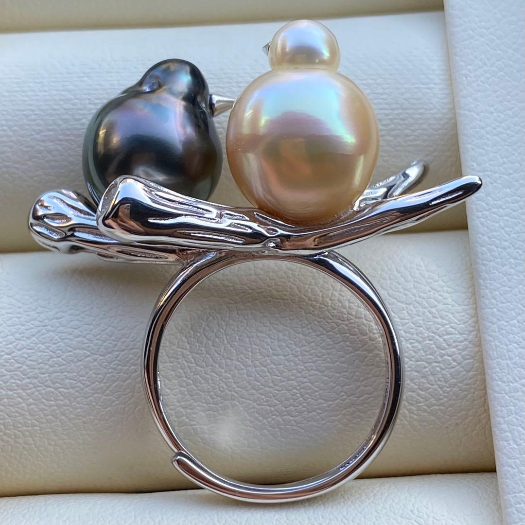 本真珠　南洋黒蝶真珠&白蝶真珠ダブルリング「鳥と枝」グリーンゴールドL1268