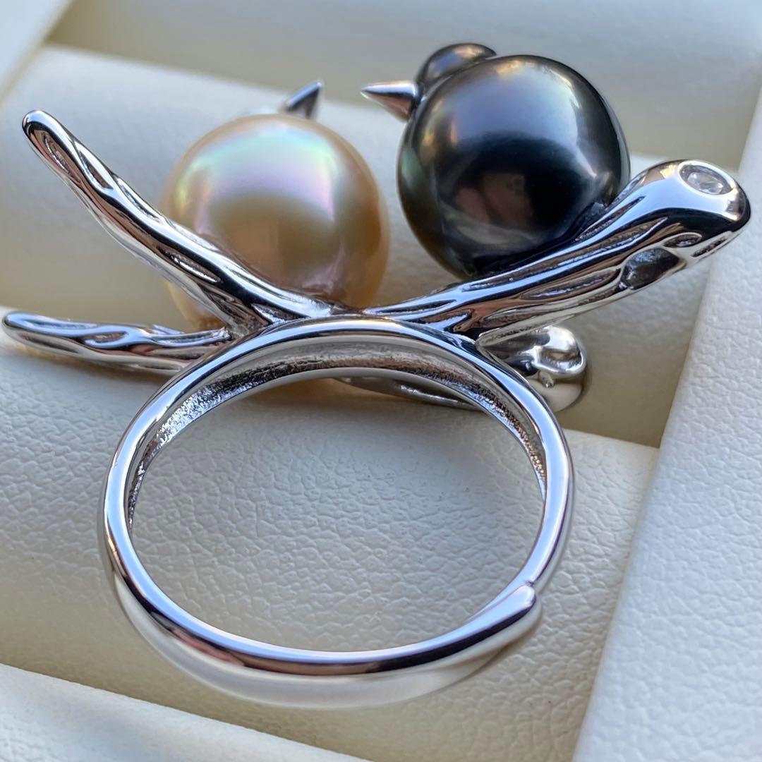 本真珠　南洋黒蝶真珠&白蝶真珠ダブルリング「鳥と枝」グリーンゴールドL1268