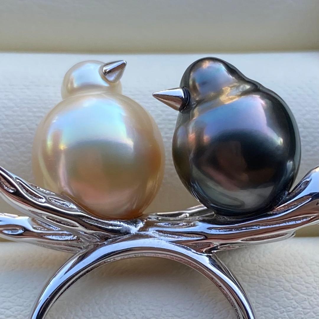 本真珠　南洋黒蝶真珠&白蝶真珠ダブルリング「鳥と枝」グリーンゴールドL1268