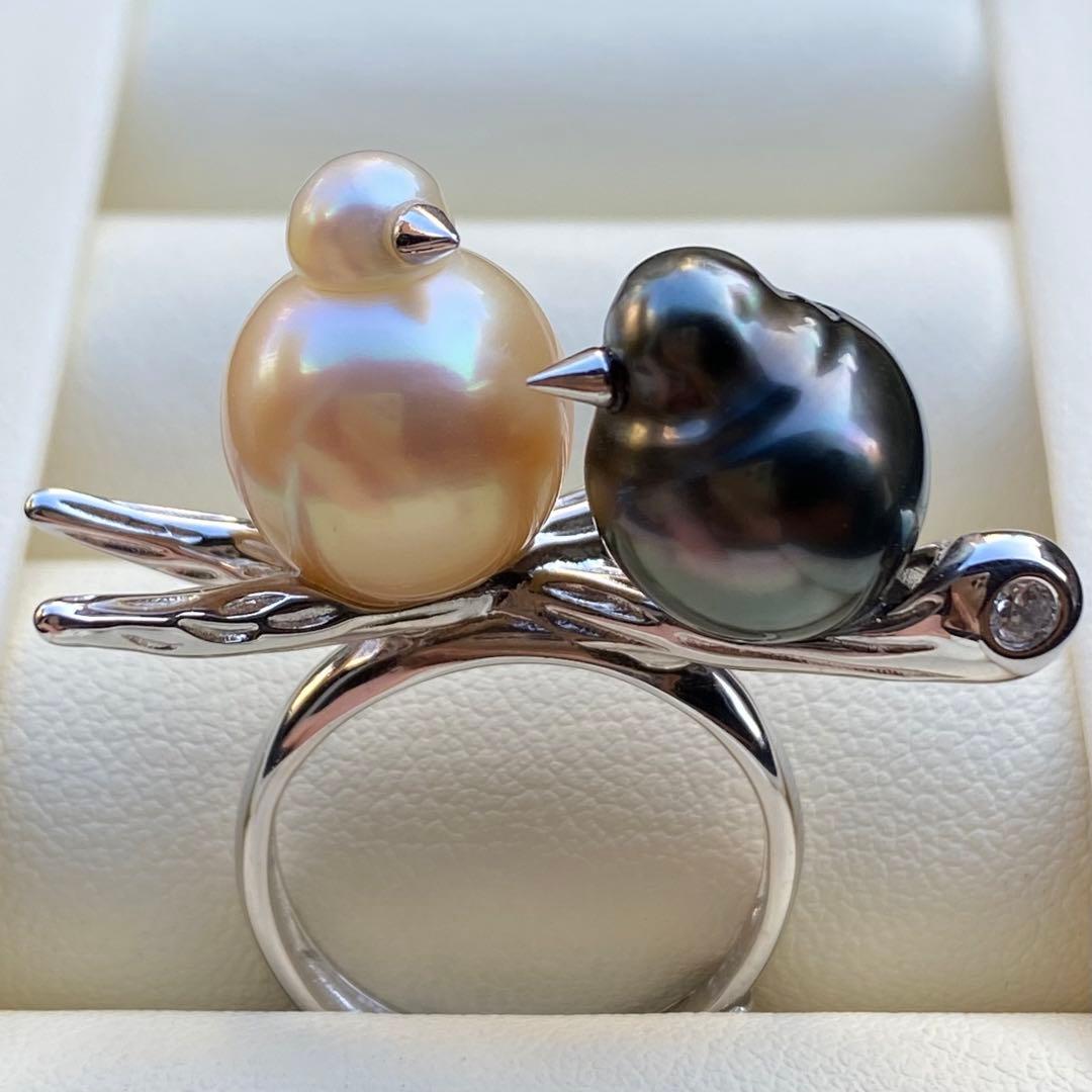 本真珠　南洋黒蝶真珠&白蝶真珠ダブルリング「鳥と枝」グリーンゴールドL1268