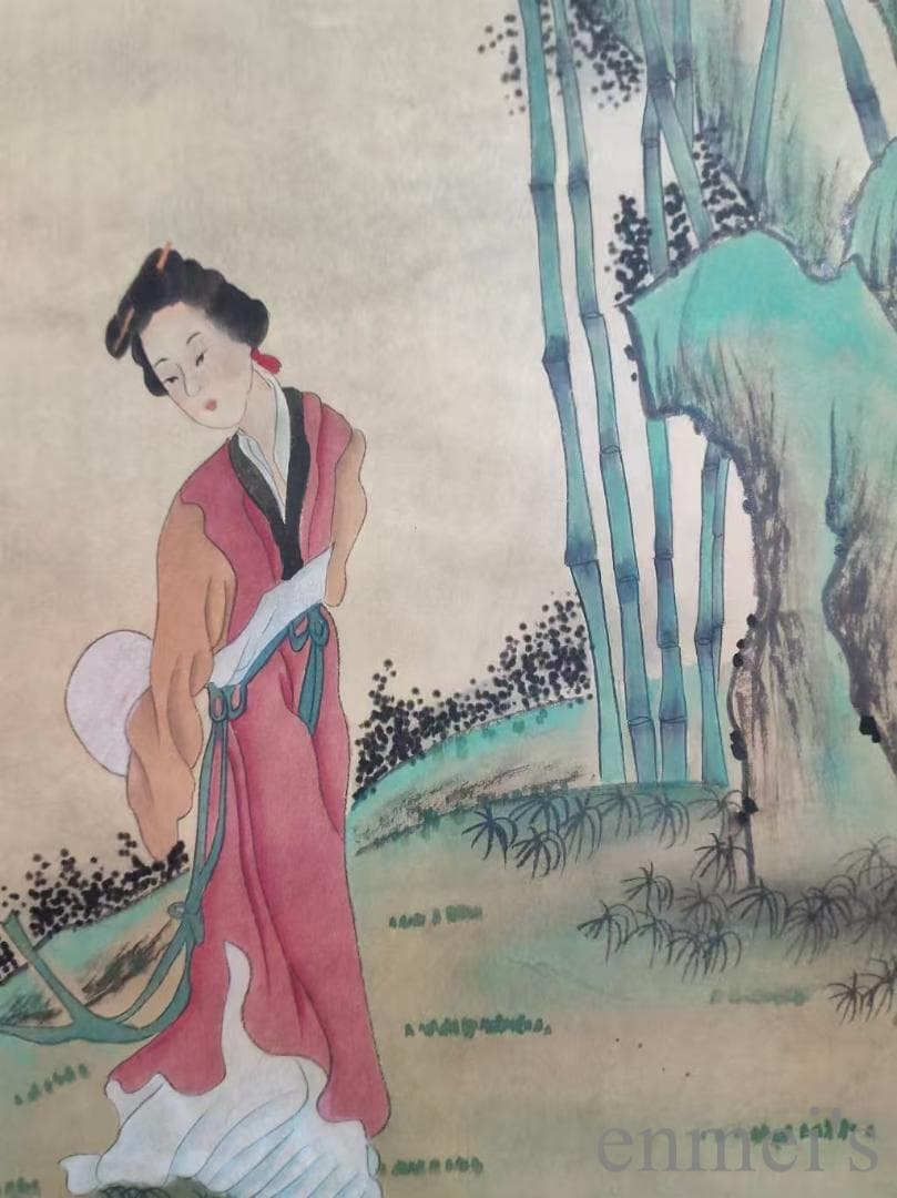 中国古美術.唐寅款.侍女図.宣紙画.三尺手描き.肉筆.絵画.書道.巻き物