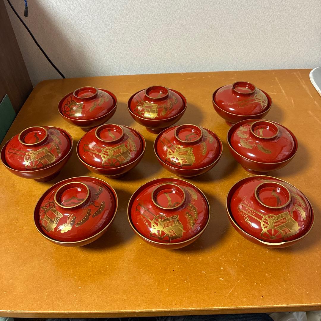 漆器　金絵　朱　蓋付椀　10客　共箱 骨董品 漆器 金絵 朱 蓋付椀 10客 共箱 骨董品