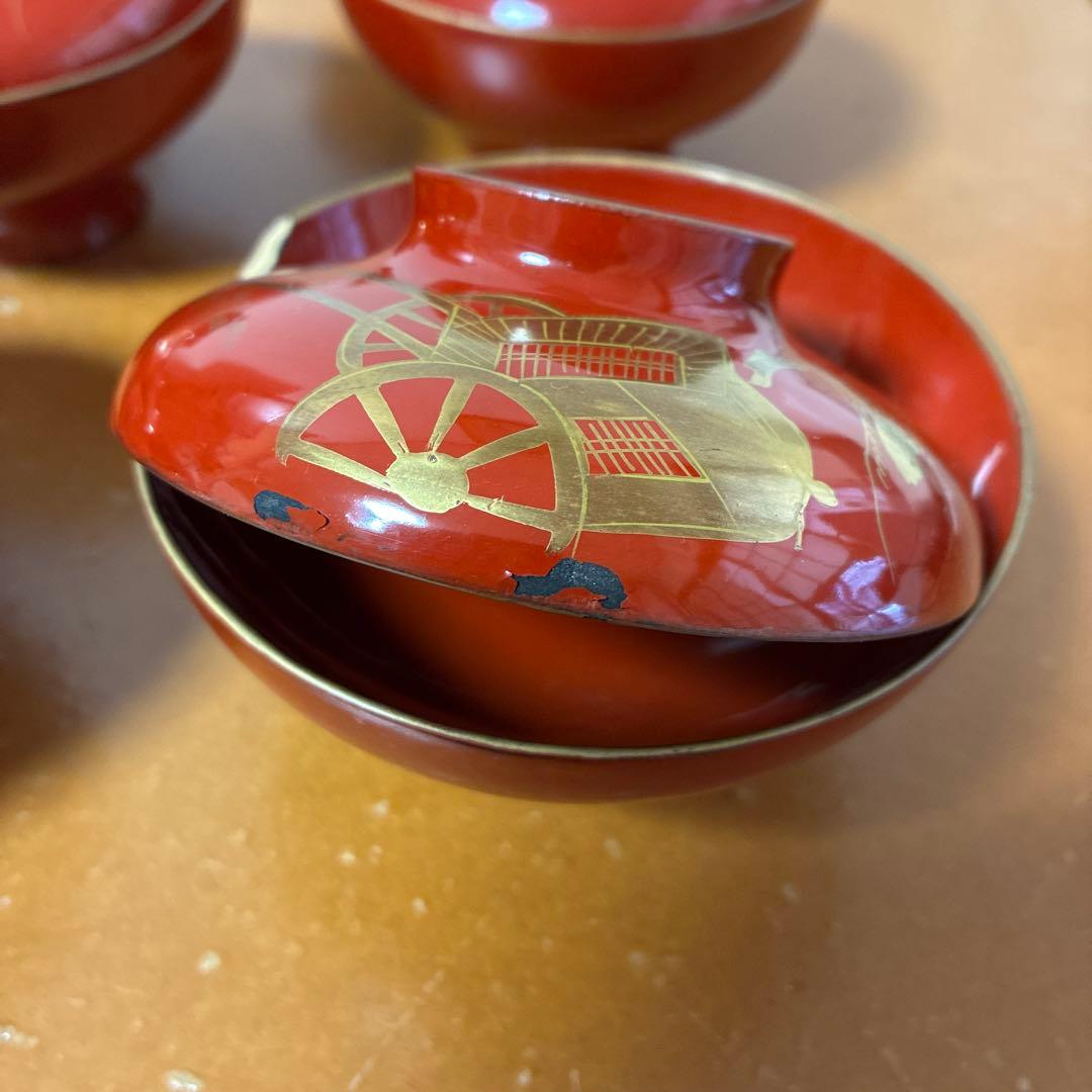 漆器　金絵　朱　蓋付椀　10客　共箱 骨董品
