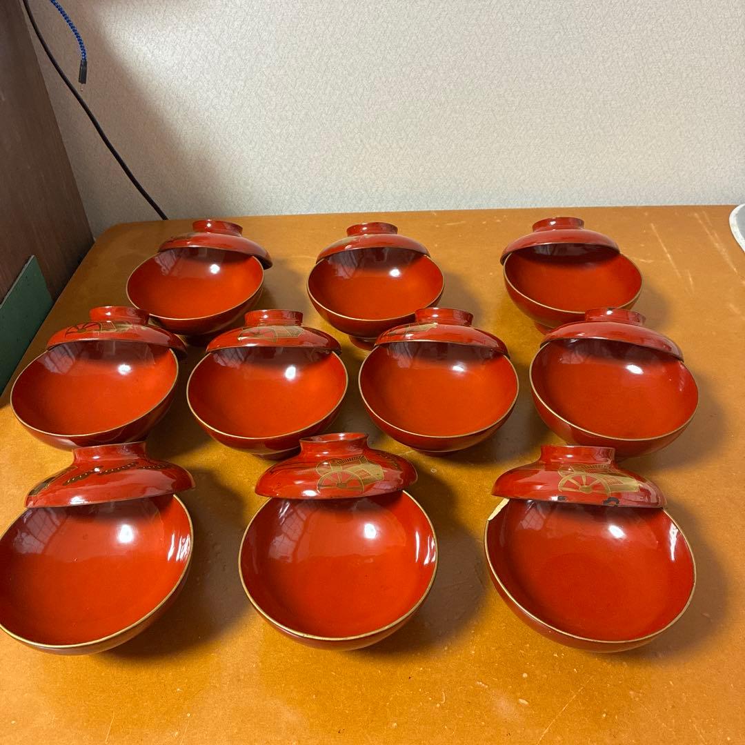 漆器　金絵　朱　蓋付椀　10客　共箱 骨董品