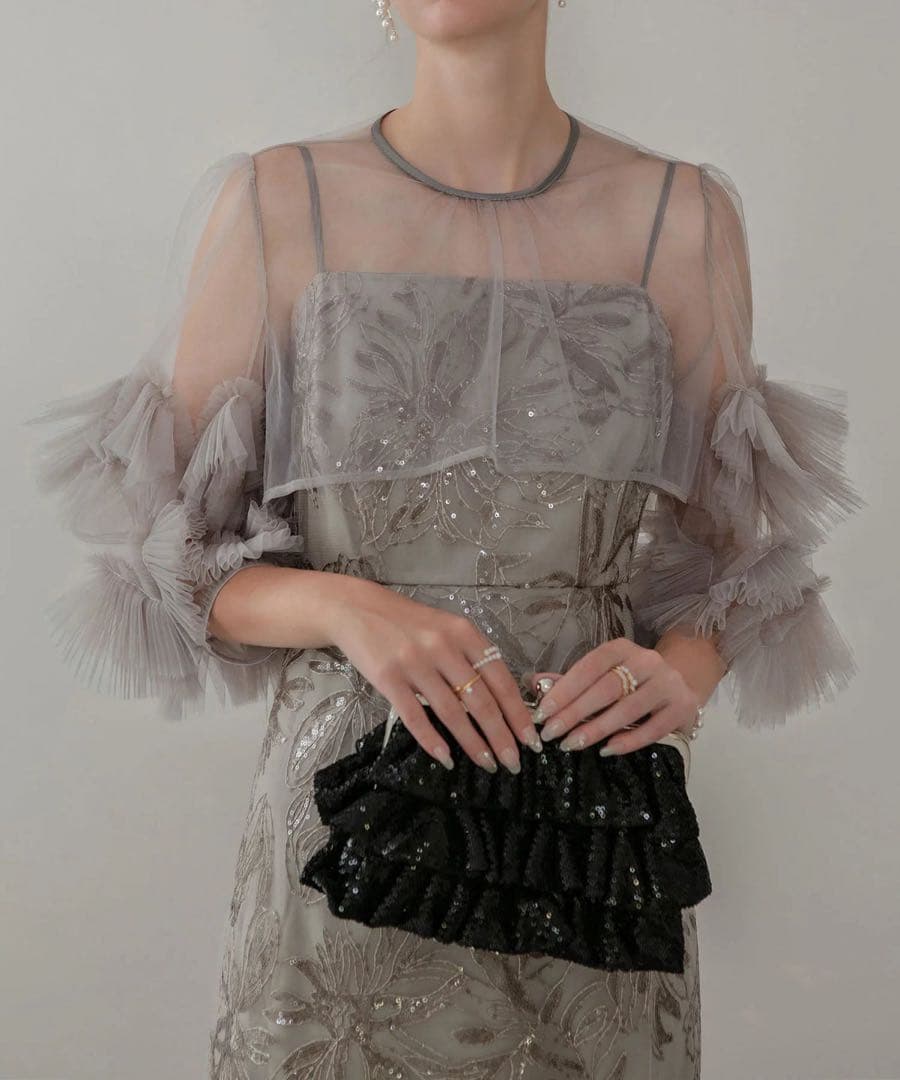 【Leja】フラワースパンコールチュールフリルスリーブIラインワンピースドレスS