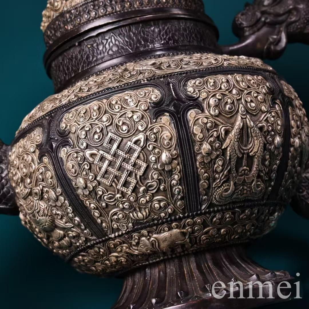 中国古美術・チベット収蔵・純銅鍍銀「吉祥八宝」バター茶壺・純手作り