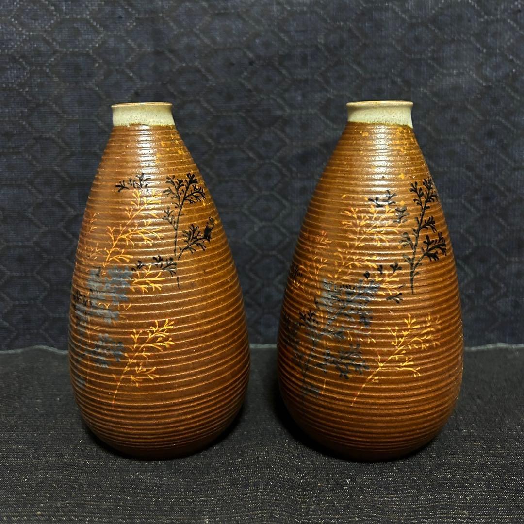 明治期九谷　谷口金陽堂　樹木竹林図徳利　ニ客揃　本物保証