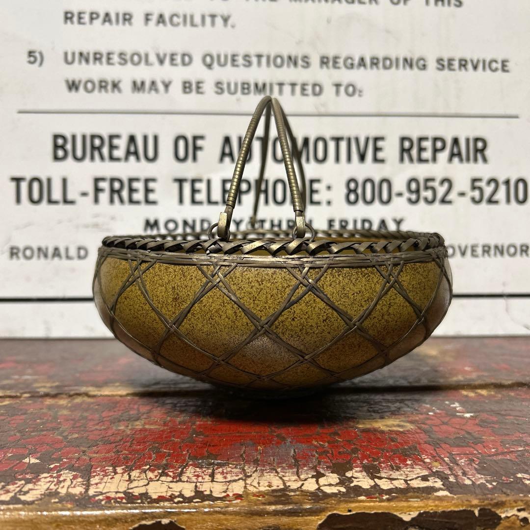 昭和レトロ 蚤の市 菓子器 小物入れ 籠 金属網 取手付き 民藝 容器