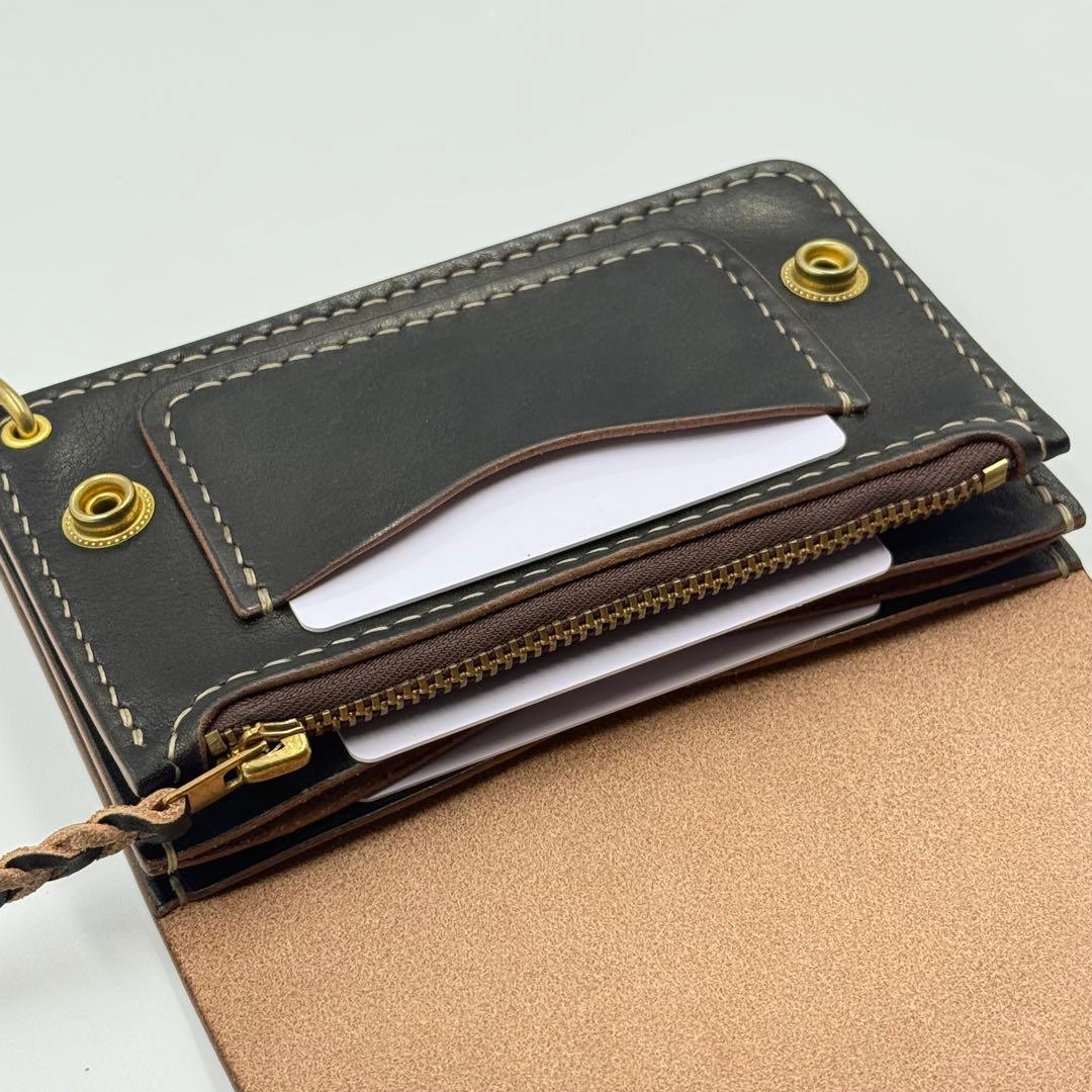 ミドルトラッカーウォレット(ブラック)茶芯　サドルレザー　タロンジッパー　手縫い