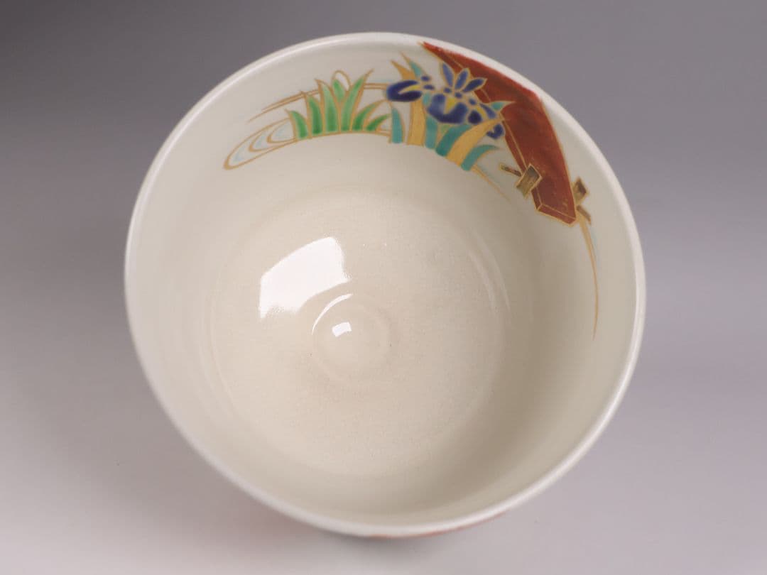 茶道具 平安桐鳳(手塚桐鳳) 仁清八ツ橋 抹茶碗 共箱 京焼 杜若【MB73