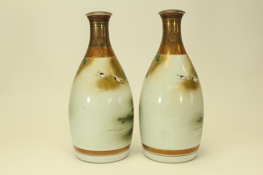 九谷 赤絵金彩 人物紋 徳利 瓶 一対 明治期(ZE587)