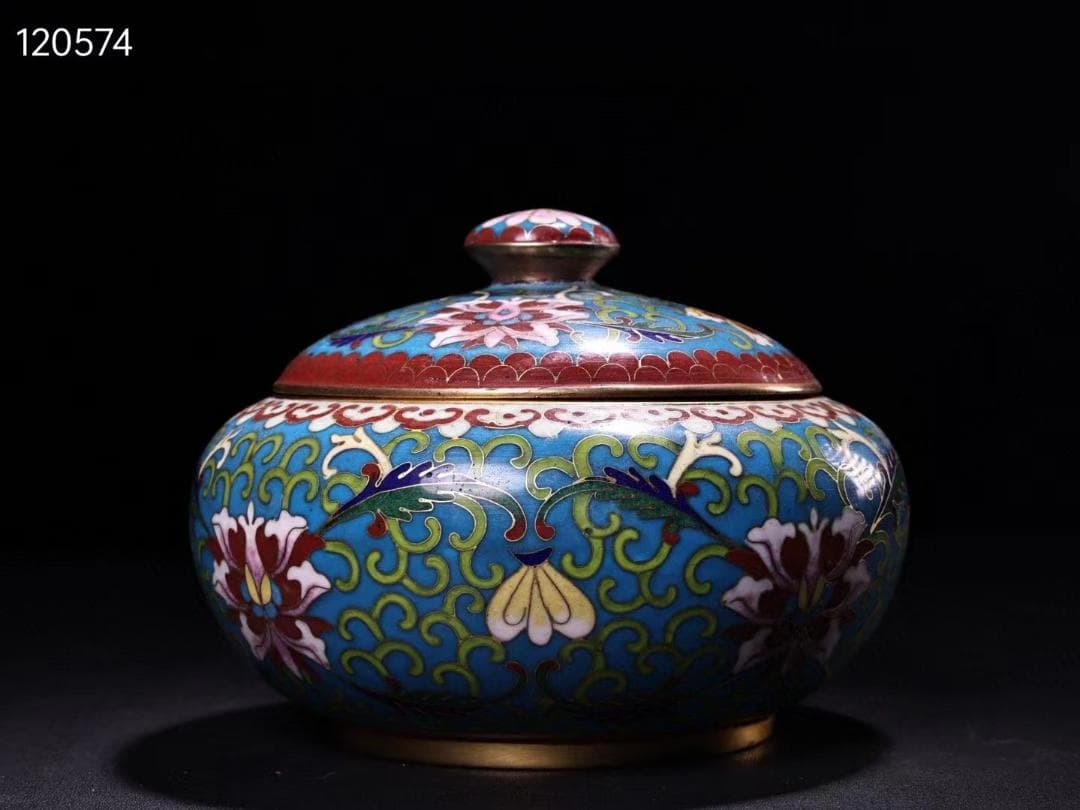 中国古美術・珍蔵・ 銅胎掐糸エナメル彩 景泰藍鎏金蓋罐・箱付き